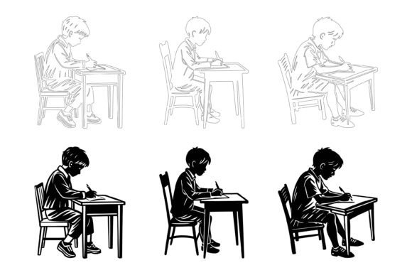 Schoolboy Sit at the Table Do Homework: A Premium AI EPS Illustration That Works as Hard as You Do